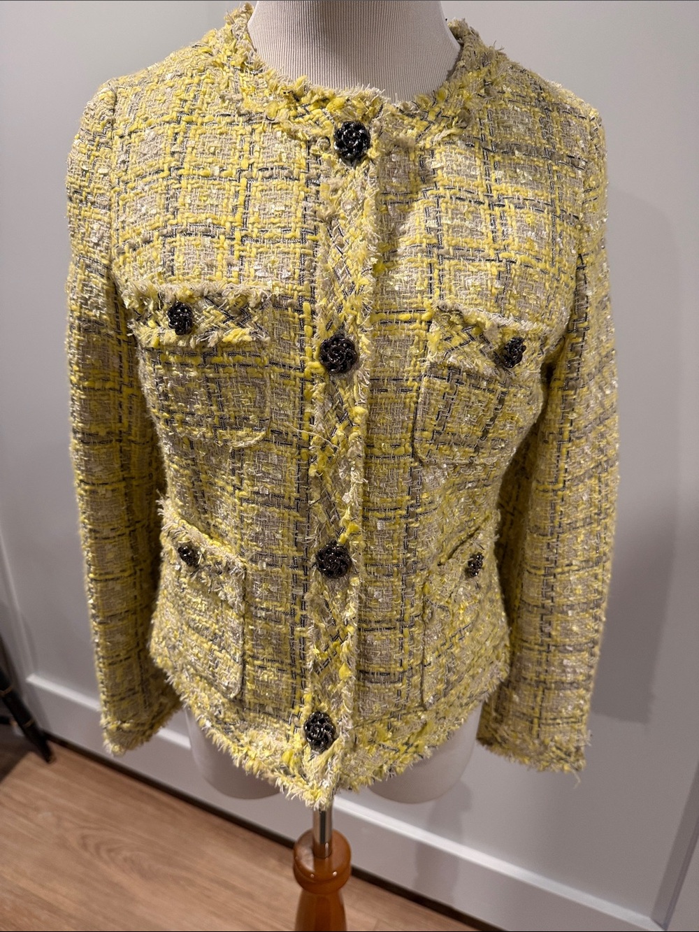 Old Navy Yellow Tweed Fringed Button Jacket
